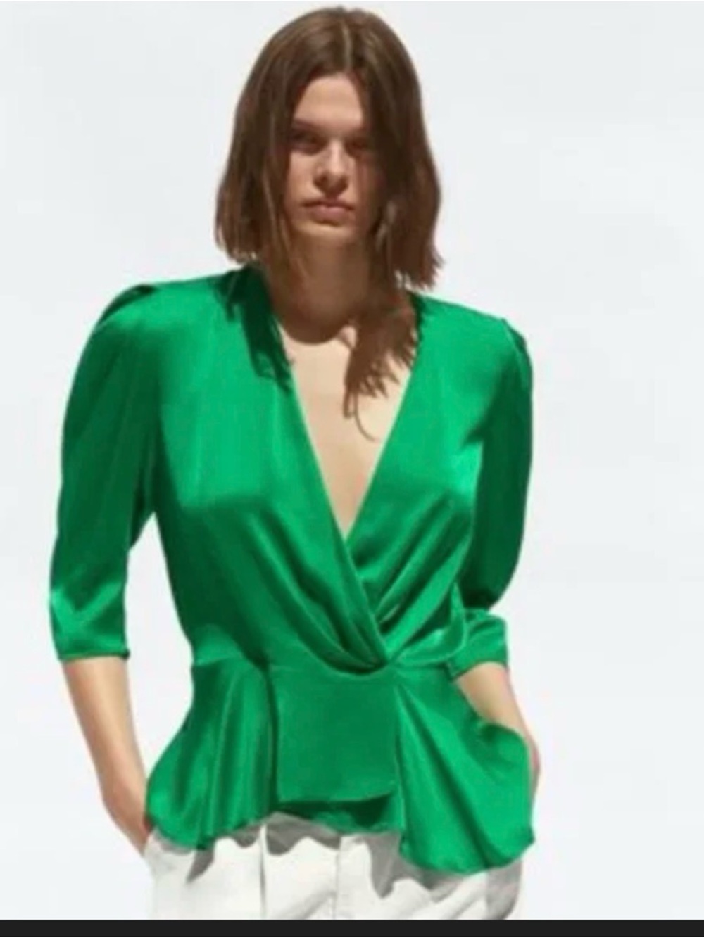Zara Bright Emerald Wrap Peplum Blouse